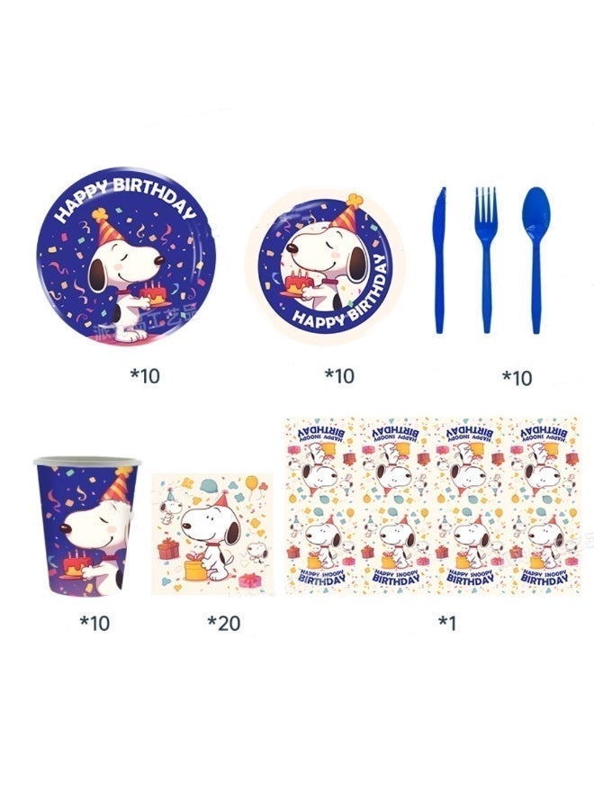 81 PCS Snoopy Party Decoration Set -Paper Plates, Paper Cups, Napkins, Tablecloths, Knives, Forks and Spoons - 10 Servings - Image 2